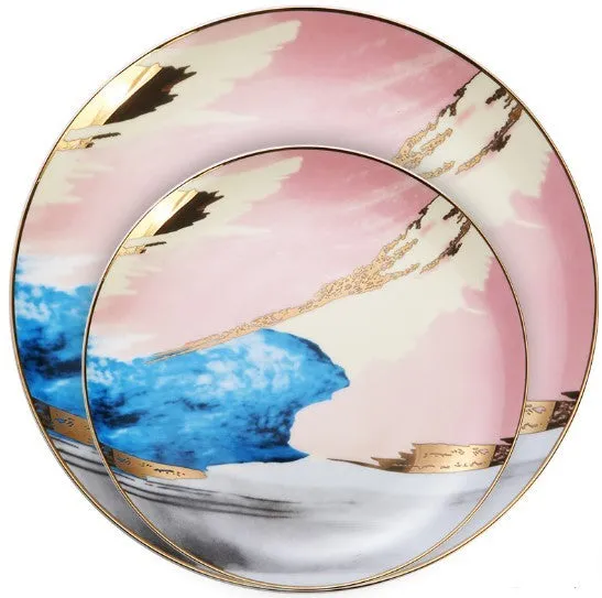 Watercolour dessert plate with real gold edge, 10.5 inch bone china porcelain, pink colour