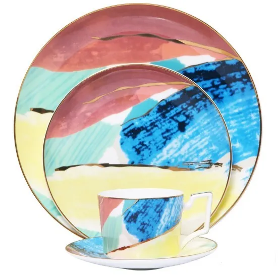 Watercolour dessert plate with real gold edge, 10.5 inch bone china porcelain, pink colour
