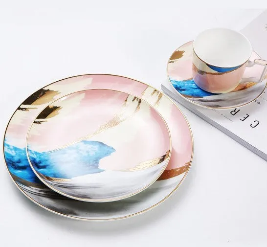 Watercolour dessert plate with real gold edge, 10.5 inch bone china porcelain, pink colour