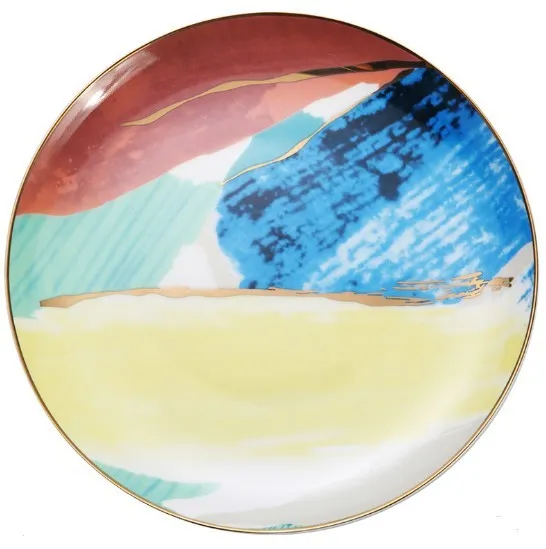 Watercolour dessert plate with real gold edge, 10.5 inch bone china porcelain, pink colour