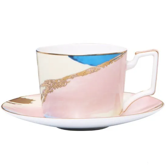 Watercolour dessert plate with real gold edge, 10.5 inch bone china porcelain, pink colour