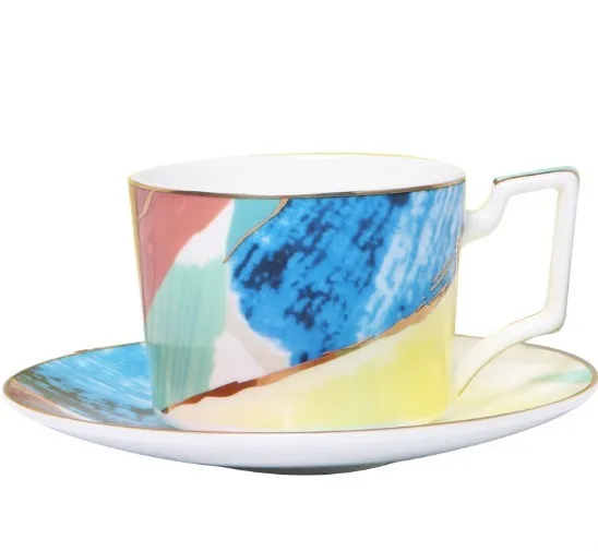 Watercolour dessert plate with real gold edge, 10.5 inch bone china porcelain, pink colour