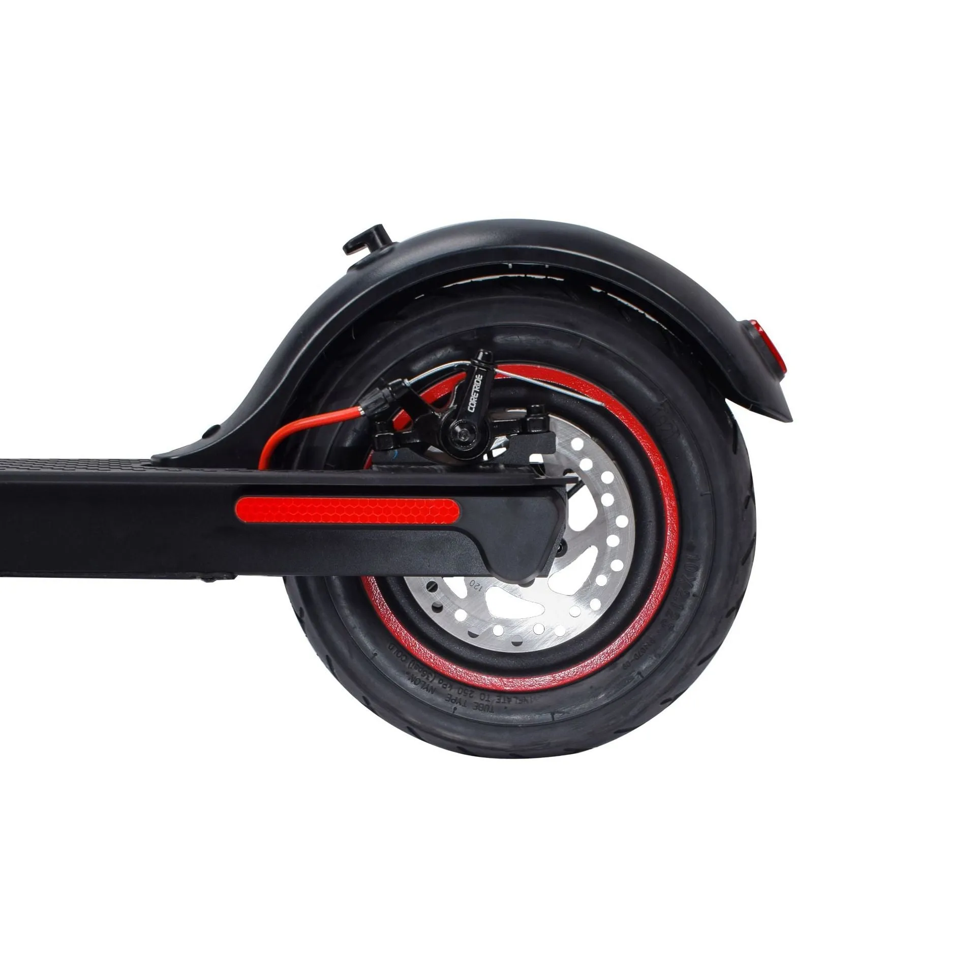 Black aluminum alloy electric folding scooter with 10-inch tyres and dual brakes on a plain background