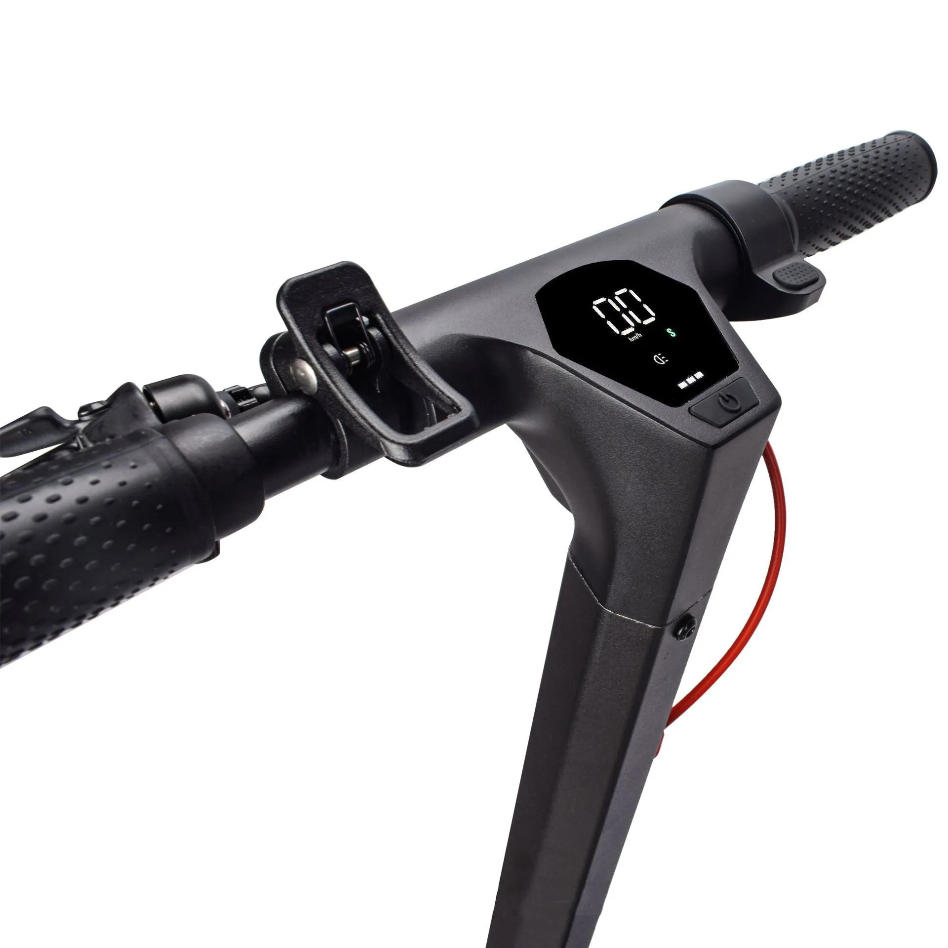 Black aluminum alloy electric folding scooter with 10-inch tyres and dual brakes on a plain background