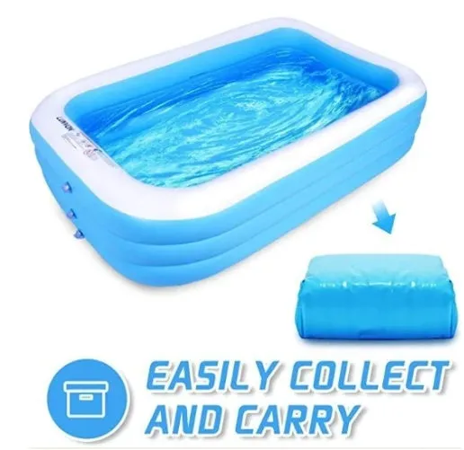 Blue and white rectangular inflatable PVC swimming pool 150cm x 110cm x 50cm in a garden setting