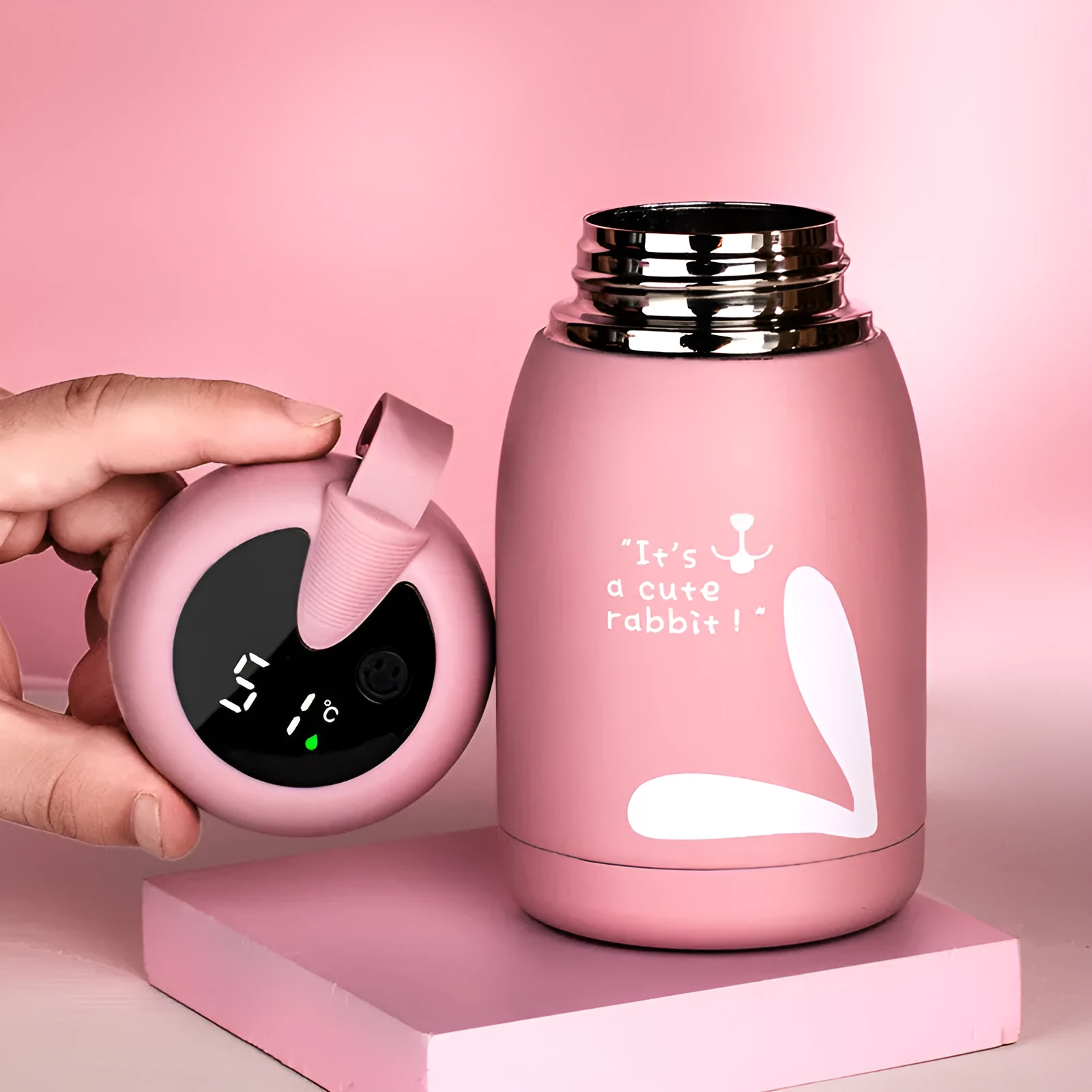 Intelligent thermos bottle with temperature display, 350ml, pink colour, stainless steel vacuum water cup