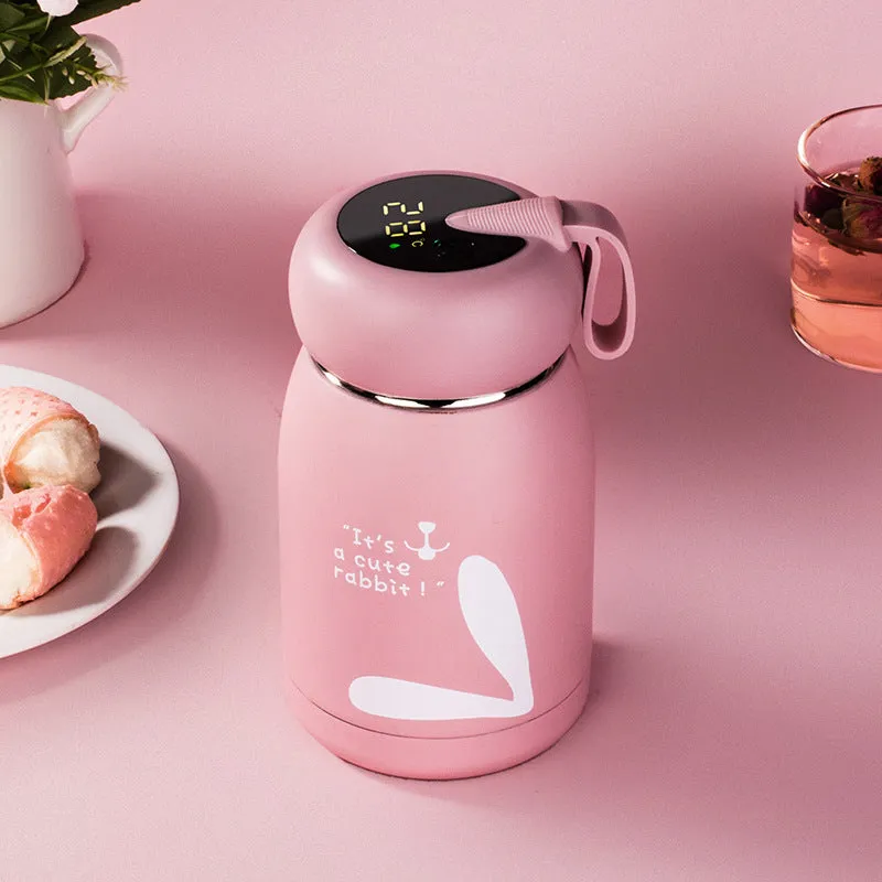 Intelligent thermos bottle with temperature display, 350ml, pink colour, stainless steel vacuum water cup