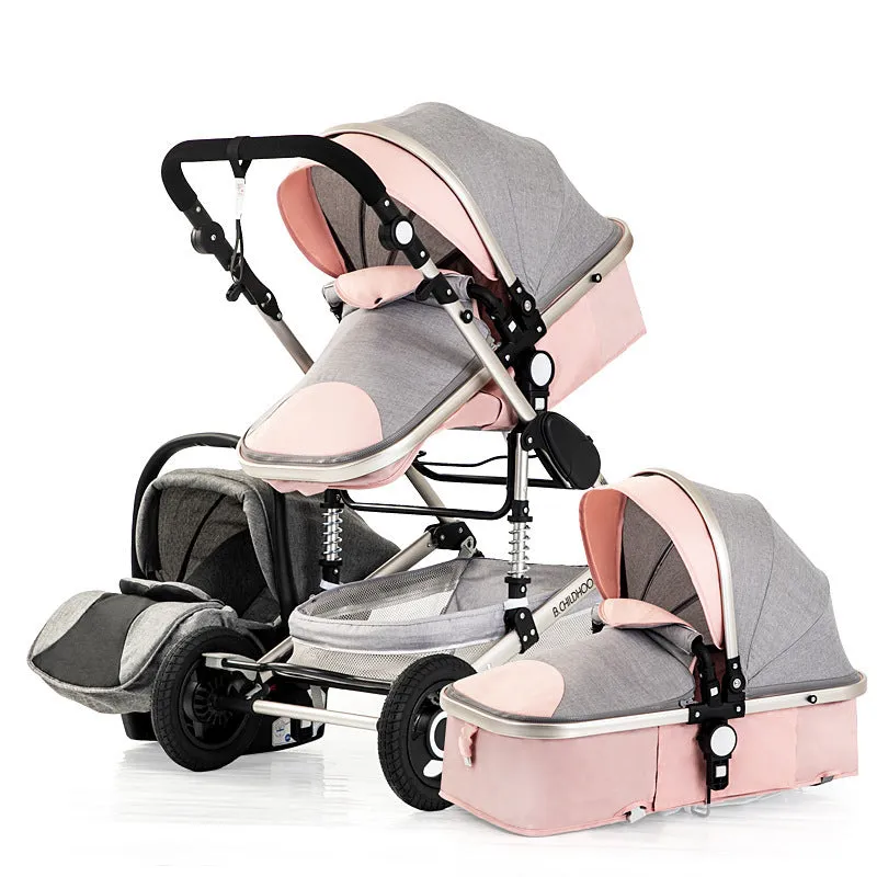 3 in 1 baby stroller with aluminium frame, large breathable mesh bassinet, UV canopy, and swivel wheels