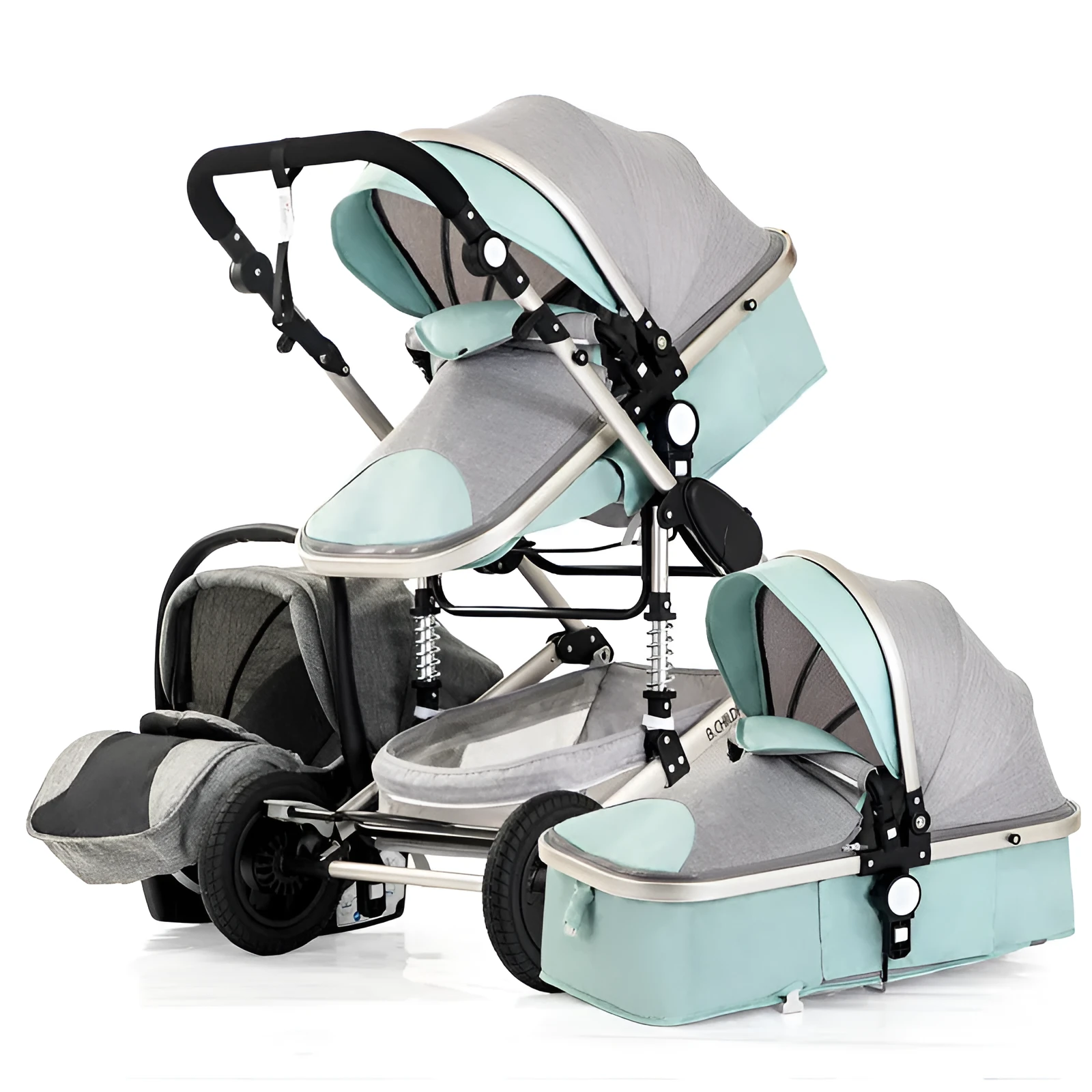 3 in 1 baby stroller with aluminium frame, large breathable mesh bassinet, UV canopy, and swivel wheels