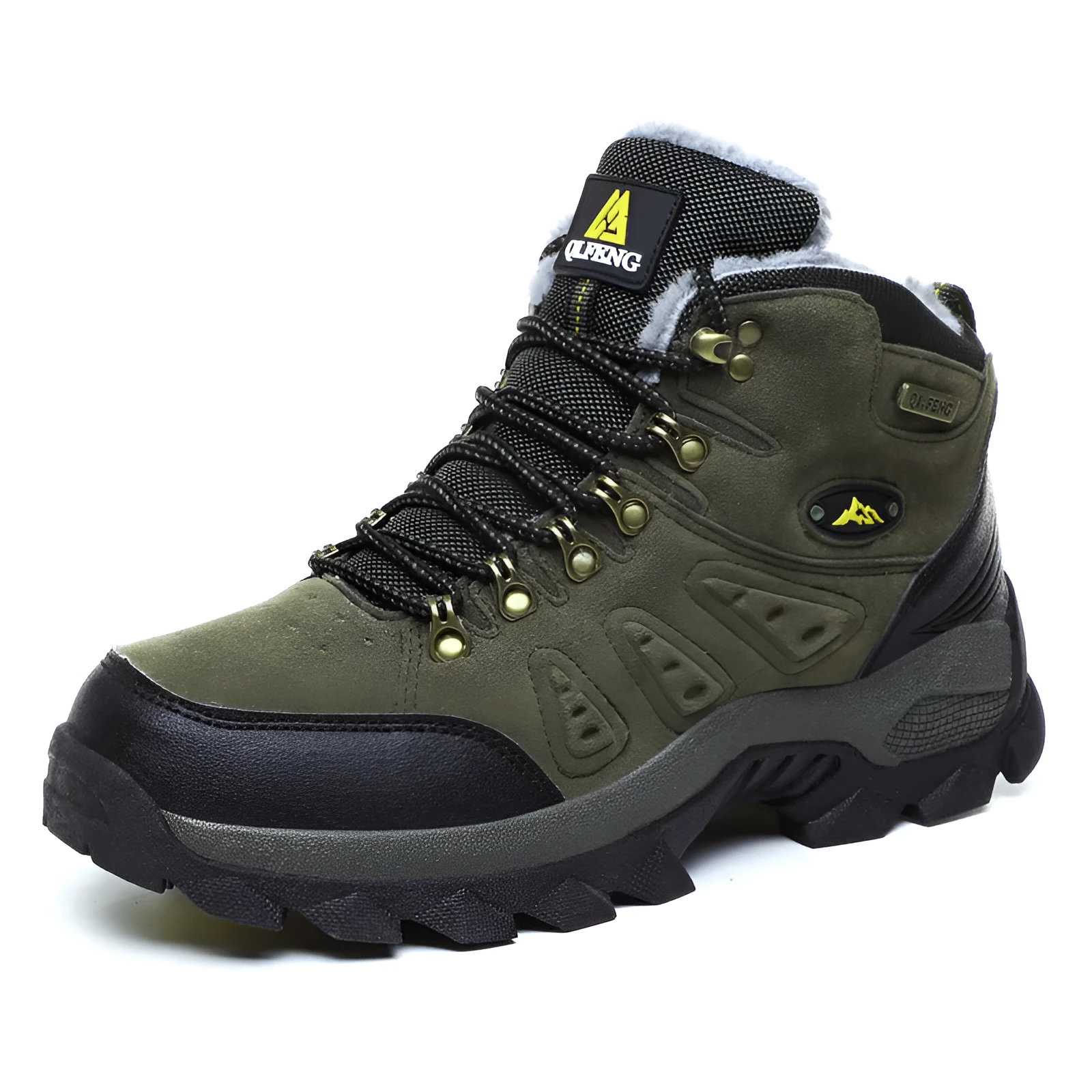 New large size outdoor hiking shoes for men and women with cotton lining, waterproof, front tie lacing, in Army Green colour