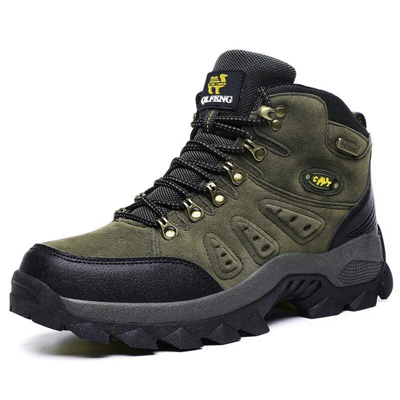 New large size outdoor hiking shoes for men and women with cotton lining, waterproof, front tie lacing, in Army Green colour