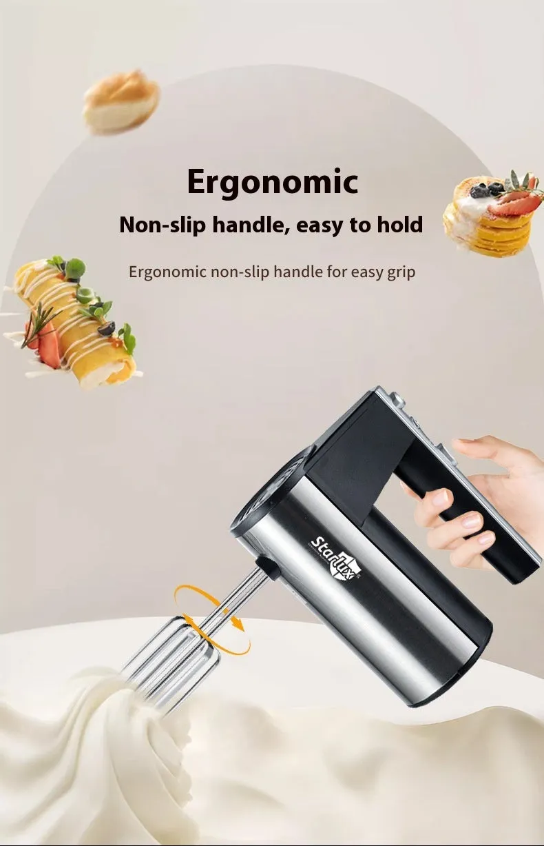 White electric handheld mixer with five-speed control buttons