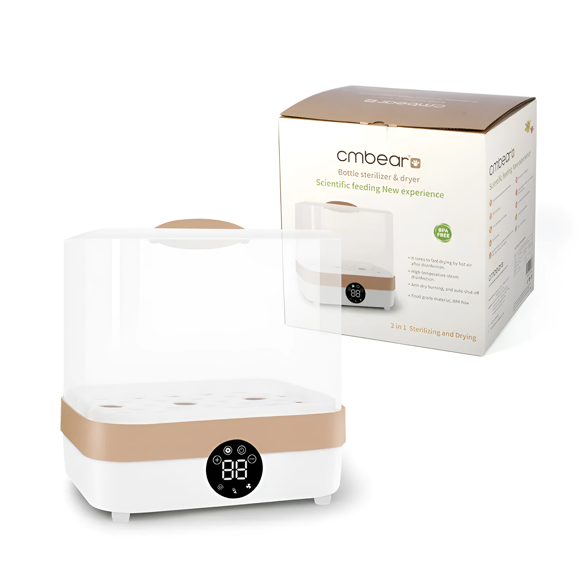 ZRX-0860 baby bottle steriliser and dryer with polypropylene body, 400W, showing unit with bottles inside