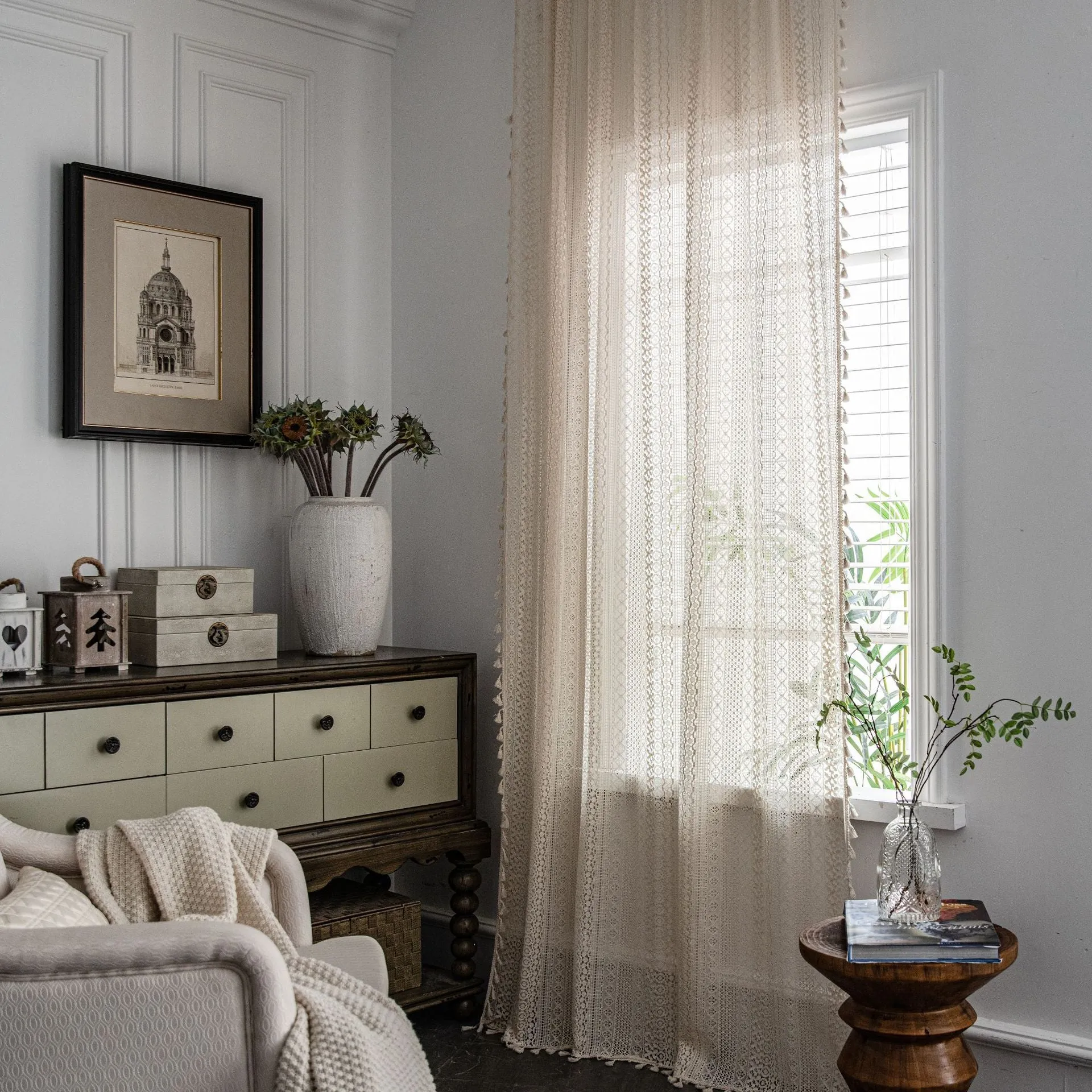 Translucent American country hollow crochet curtain made from 60% cotton in a rice broom colour