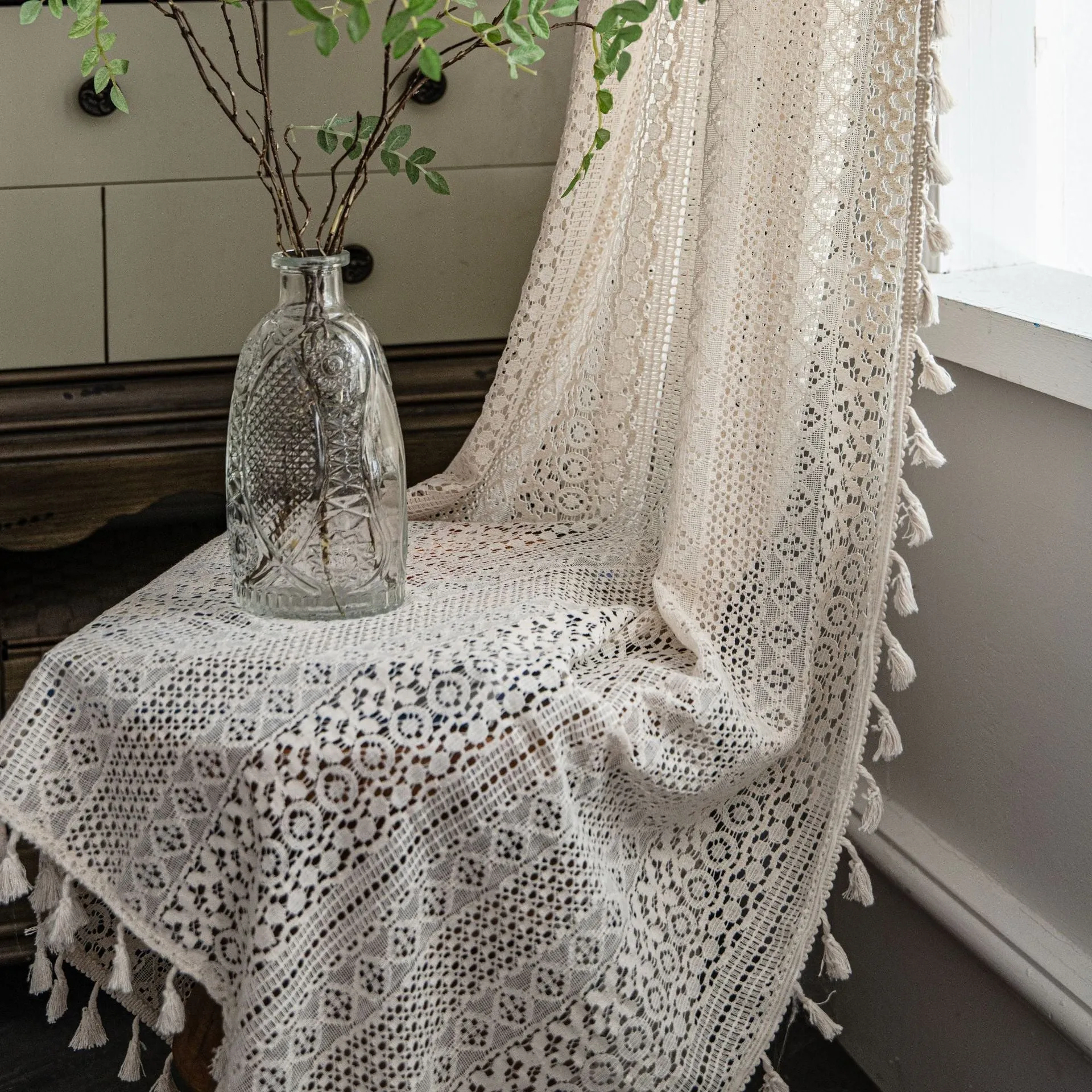 Translucent American country hollow crochet curtain made from 60% cotton in a rice broom colour