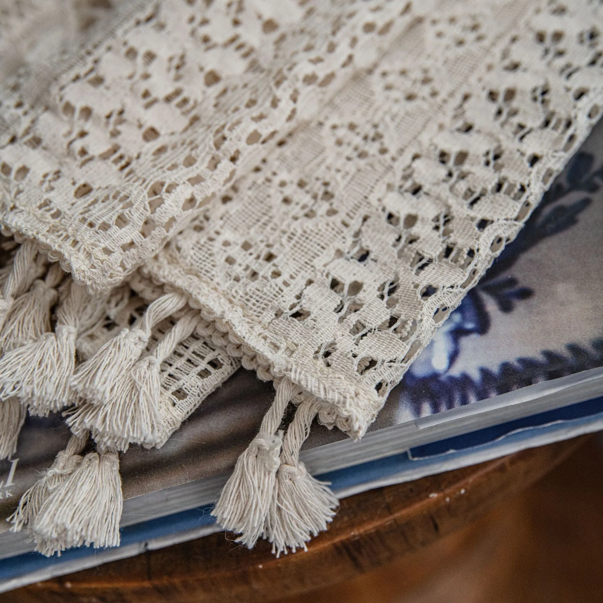 Translucent American country hollow crochet curtain made from 60% cotton in a rice broom colour