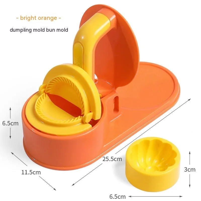 Plastic dumpling wrapper pressing device in fresh green colour on kitchen surface with dough