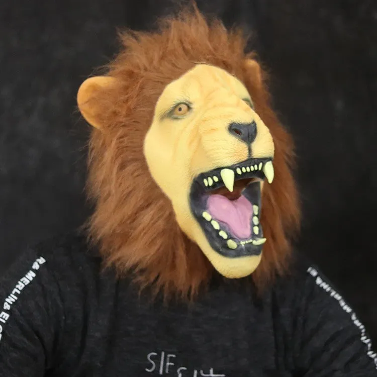 Hand-painted Halloween horror party latex lion mask with open mouth design on white background