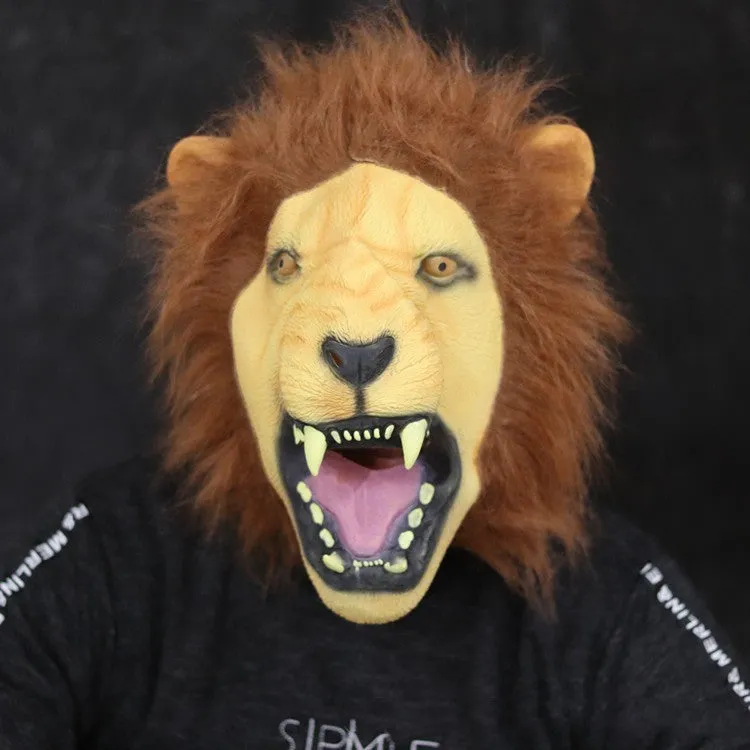 Hand-painted Halloween horror party latex lion mask with open mouth design on white background