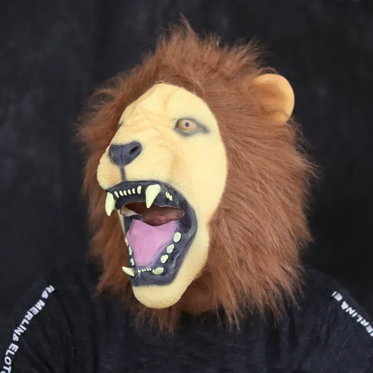 Hand-painted Halloween horror party latex lion mask with open mouth design on white background