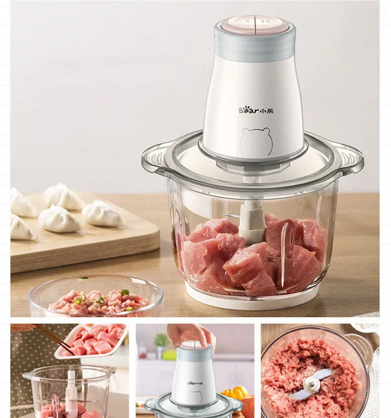 Household electric vegetable chopper with 2L glass bowl and double-layer four-leaf blade