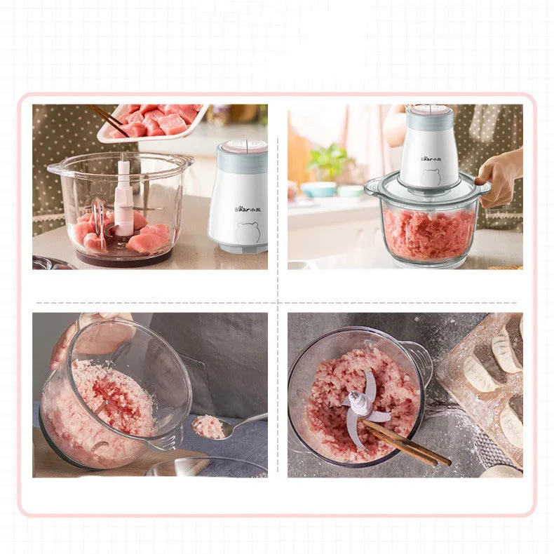 Household electric vegetable chopper with 2L glass bowl and double-layer four-leaf blade