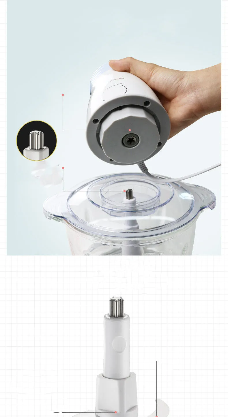 Household electric vegetable chopper with 2L glass bowl and double-layer four-leaf blade