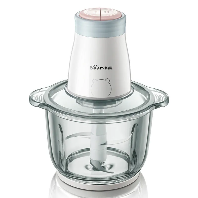 Household electric vegetable chopper with 2L glass bowl and double-layer four-leaf blade
