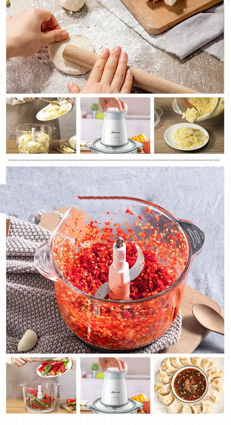 Household electric vegetable chopper with 2L glass bowl and double-layer four-leaf blade