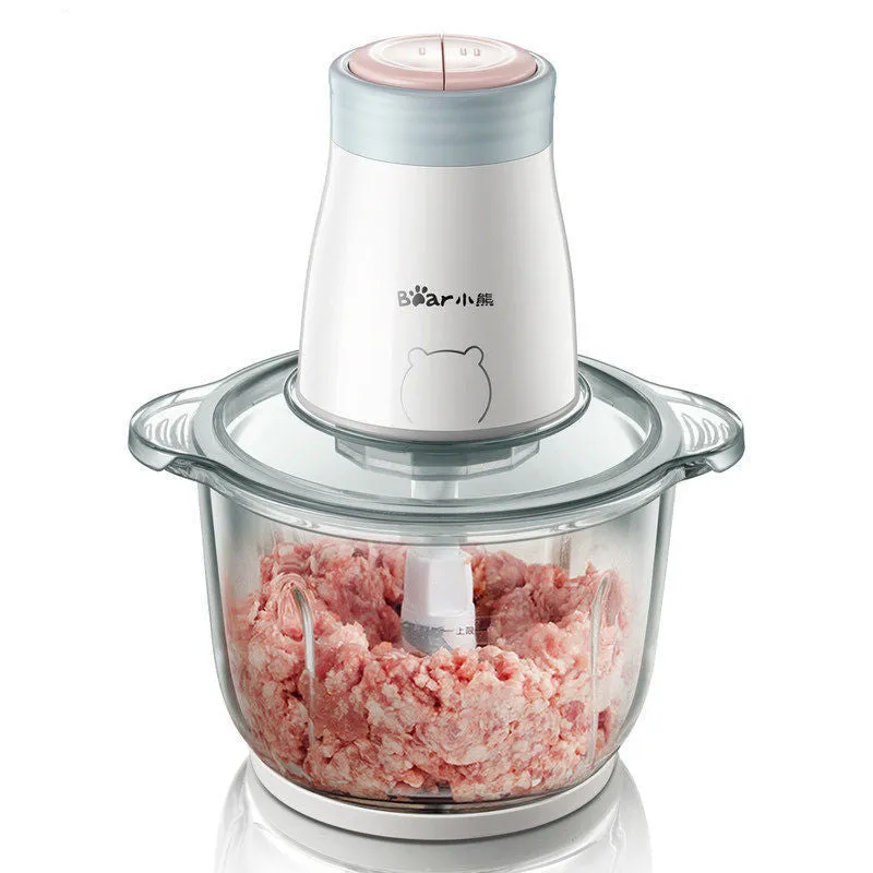 Household electric vegetable chopper with 2L glass bowl and double-layer four-leaf blade