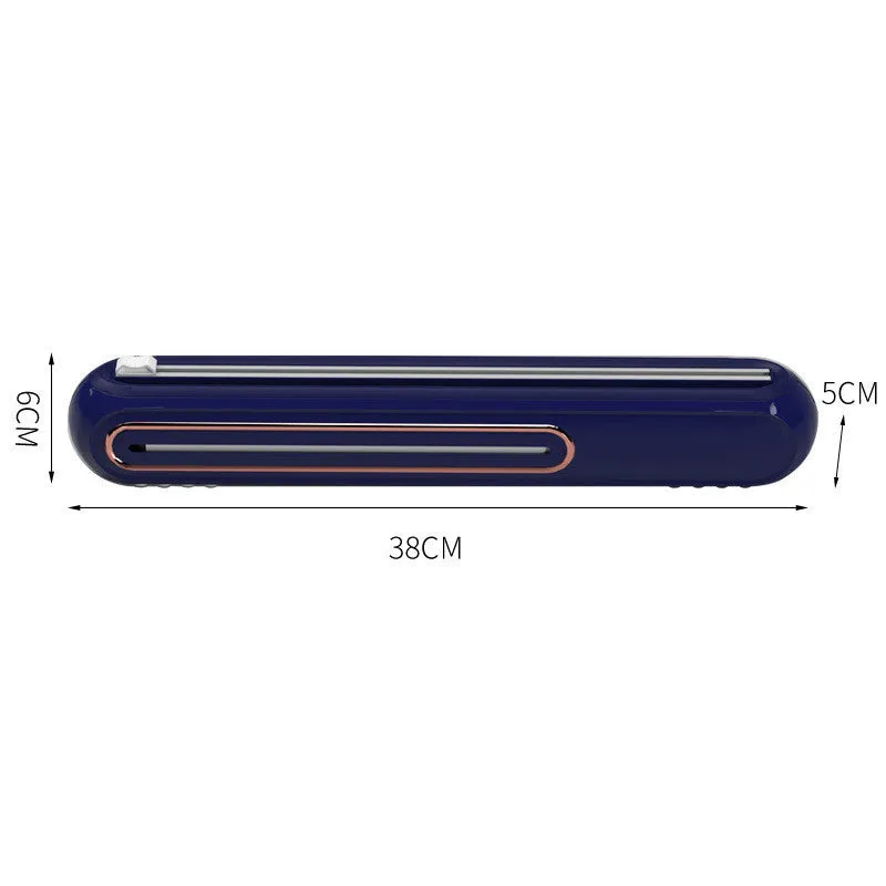 White and blue magnetic cling film cutter hanging on a fridge with a film roll