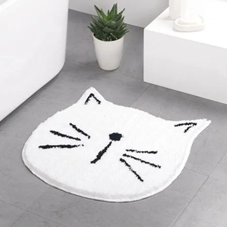 Cartoon bathroom mat with plants and flowers pattern in Grey cute cat colour variant