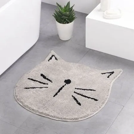 Cartoon bathroom mat with plants and flowers pattern in Grey cute cat colour variant