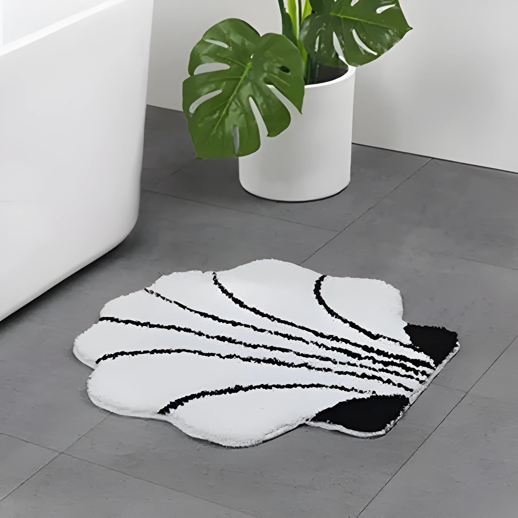 Cartoon bathroom mat with plants and flowers pattern in Grey cute cat colour variant