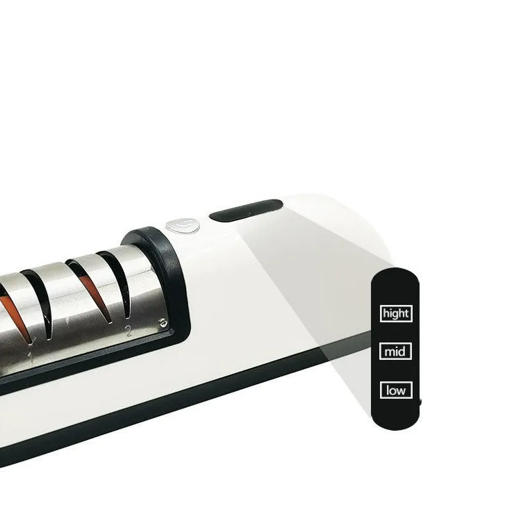 Rechargeable electric knife sharpener with ABS body and stainless steel components on a kitchen counter