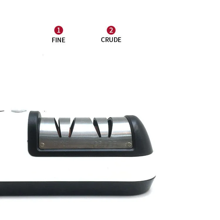 Rechargeable electric knife sharpener with ABS body and stainless steel components on a kitchen counter