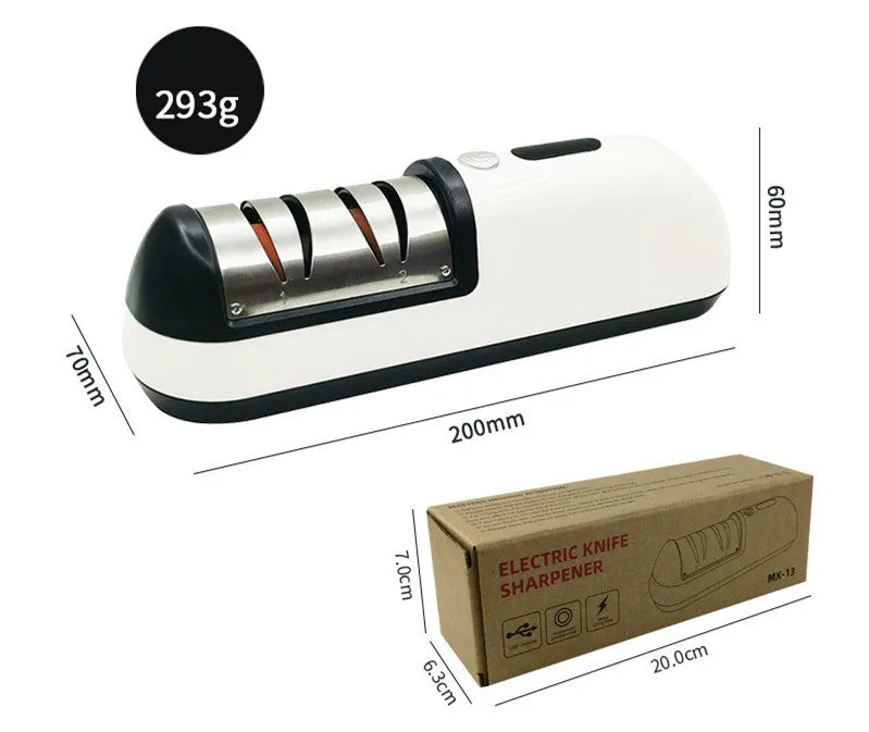 Rechargeable electric knife sharpener with ABS body and stainless steel components on a kitchen counter