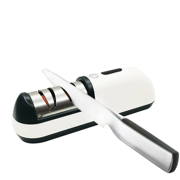 Rechargeable electric knife sharpener with ABS body and stainless steel components on a kitchen counter