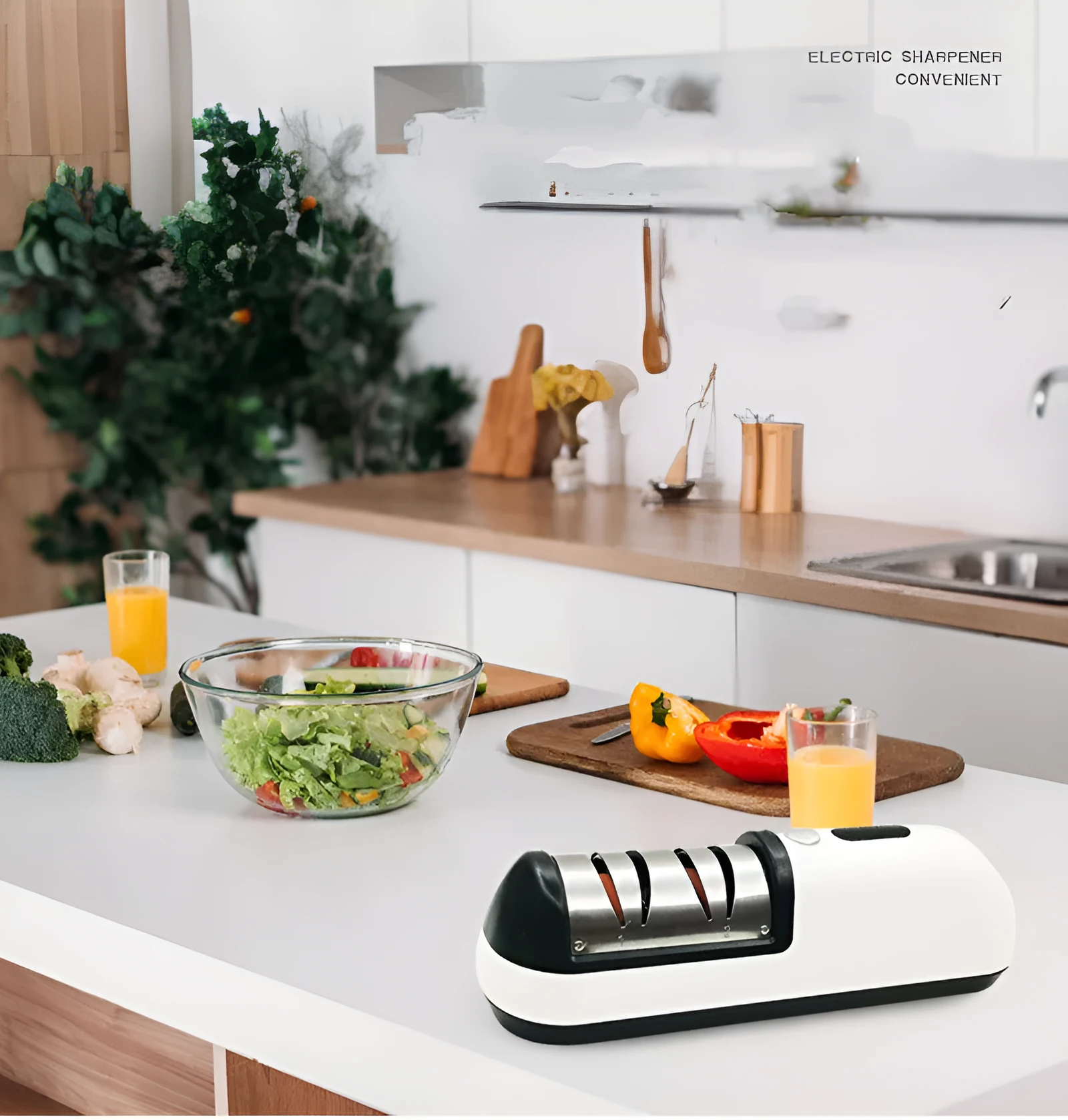 Rechargeable electric knife sharpener with ABS body and stainless steel components on a kitchen counter