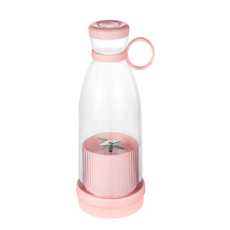 Pink household multi-function mini portable juicer with 380ml capacity and USB charging cable