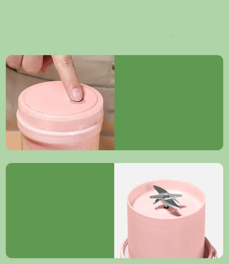 Pink household multi-function mini portable juicer with 380ml capacity and USB charging cable