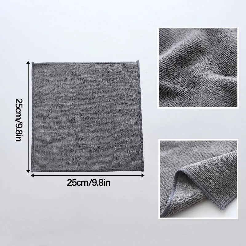 Grey square microfiber kitchen cleaning cloth for oilproof, lint-free drying of pots and bowls.