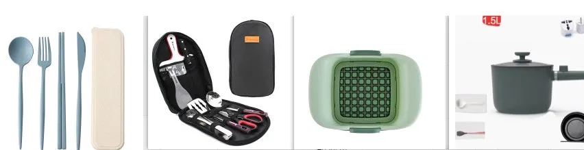 Camp kitchen cooking utensil set 8 pieces stainless steel with oxford storage bag on green background