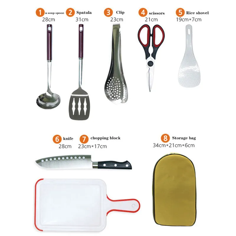 Camp kitchen cooking utensil set 8 pieces stainless steel with oxford storage bag on green background