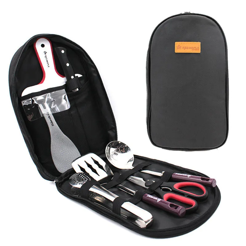 Camp kitchen cooking utensil set 8 pieces stainless steel with oxford storage bag on green background