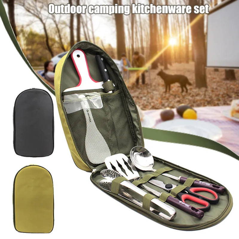Camp kitchen cooking utensil set 8 pieces stainless steel with oxford storage bag on green background