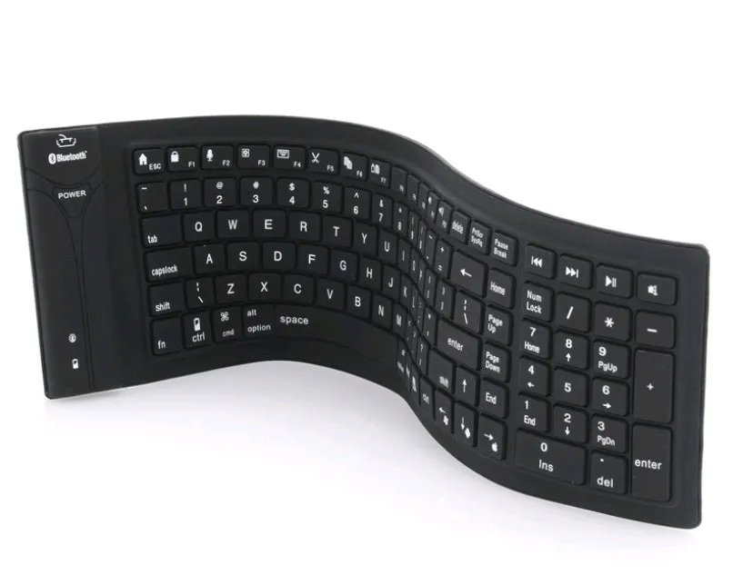 Black Bluetooth folding silicone keyboard with 108 keys and IP67 waterproof rating placed on a desk
