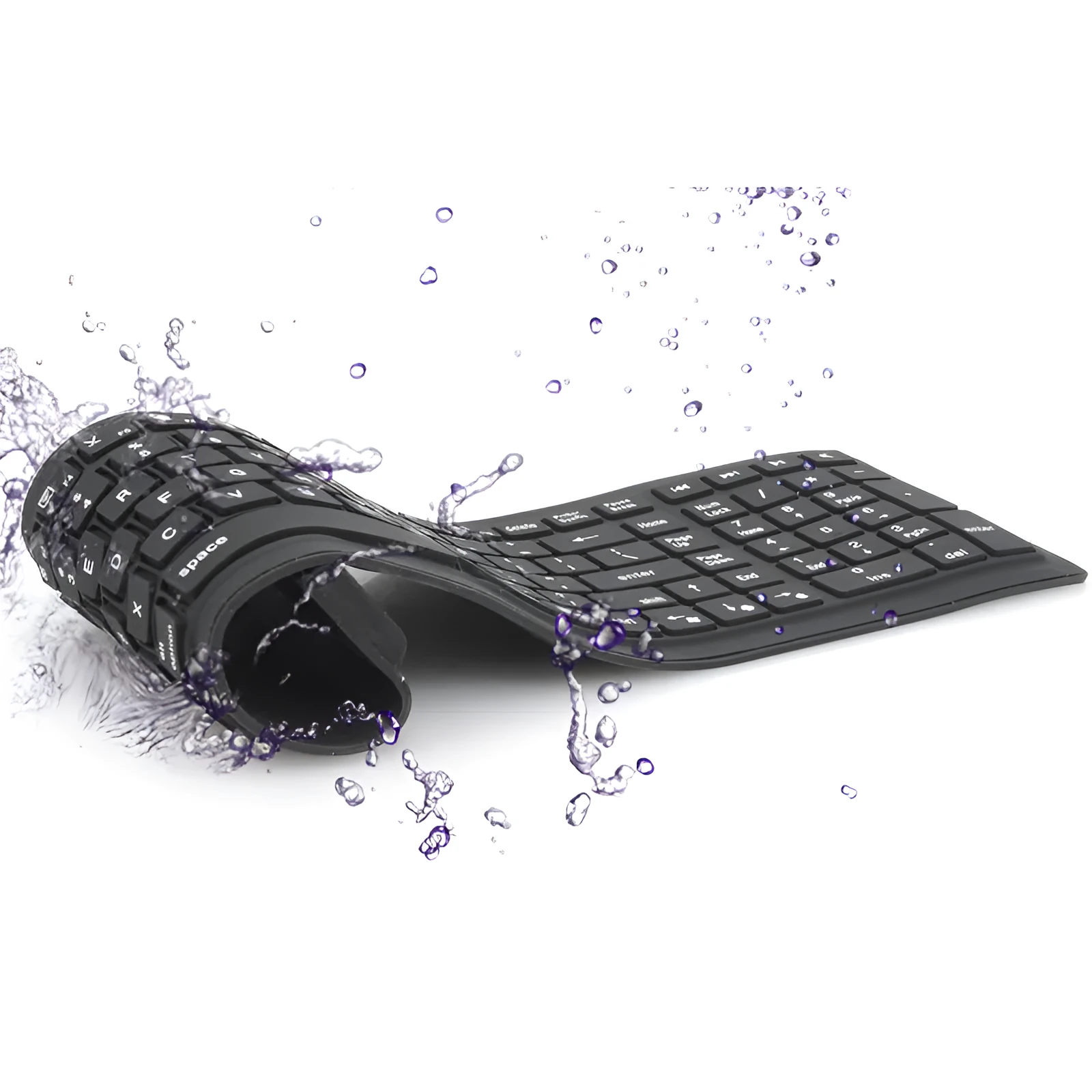 Black Bluetooth folding silicone keyboard with 108 keys and IP67 waterproof rating placed on a desk