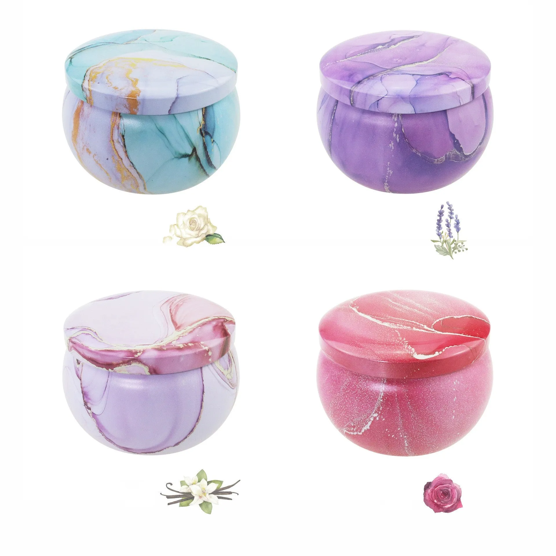 Set of four soy wax scented candles with dried flowers in cylindrical shape, 125g each, on a table