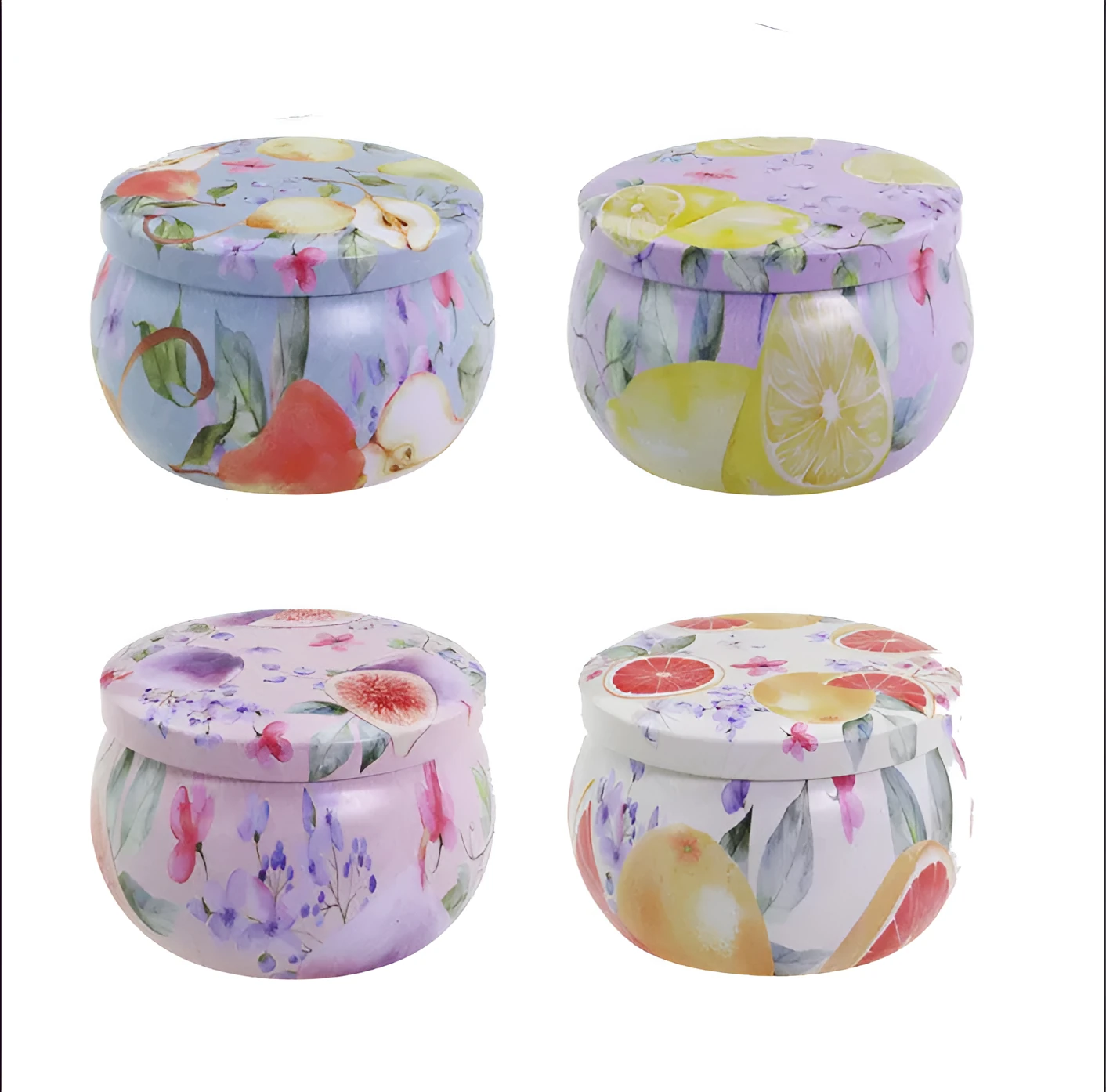 Set of four soy wax scented candles with dried flowers in cylindrical shape, 125g each, on a table